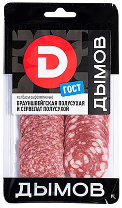 Колбасы ассорти Брауншвейгская полусухая + Сервелат сырокопченые полусухие, 90 г