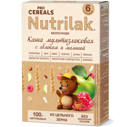 Каша Nutrilak (Нутрилак) PROCEREALS молочная Мультизлаковая c яблоком и малиной цельнозерновая, 200 г