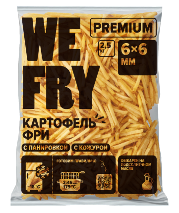 Картофель фри с панировкой и кожурой 6x6 мм (S22) быстрозамороженный Premium We Fry, 2,5 кг