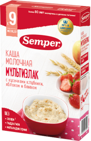 Каша Semper (Сэмпер) молочная Мультизлак с кусочками клубники, яблоком и бананом, 180 г