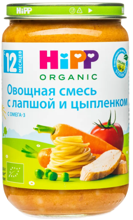 Пюре HiPP (Хипп)  Овощная смесь с лапшой и цыпленком,190 г
