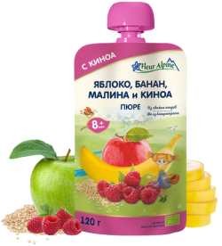 Пюре FLEUR ALPINE яблоко, банан, малина и киноя 120г (пауч)