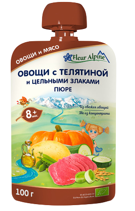 Пюре FLEUR ALPINE  Овощи с телятиной и цельными злаками, 100 г (пауч)