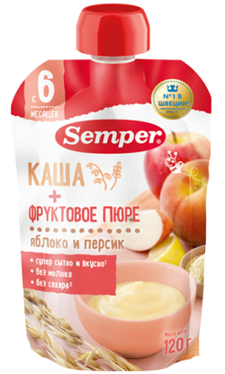 Пюре Semper (Сэмпер) Яблоко, персик с кашей, 120 г