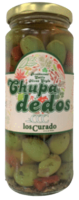 Зеленые оливки с косточкой Chupa dedos с красным перцем, чесноком и травами, 350 г (масса продукта 190 г)