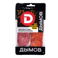 Колбаса ассорти Салями Итальянская и Пепперони сырокопченые полусухие нарезка, 90 г