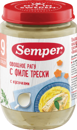 Пюре Semper (Сэмпер) Овощное рагу с филе трески, 190  г